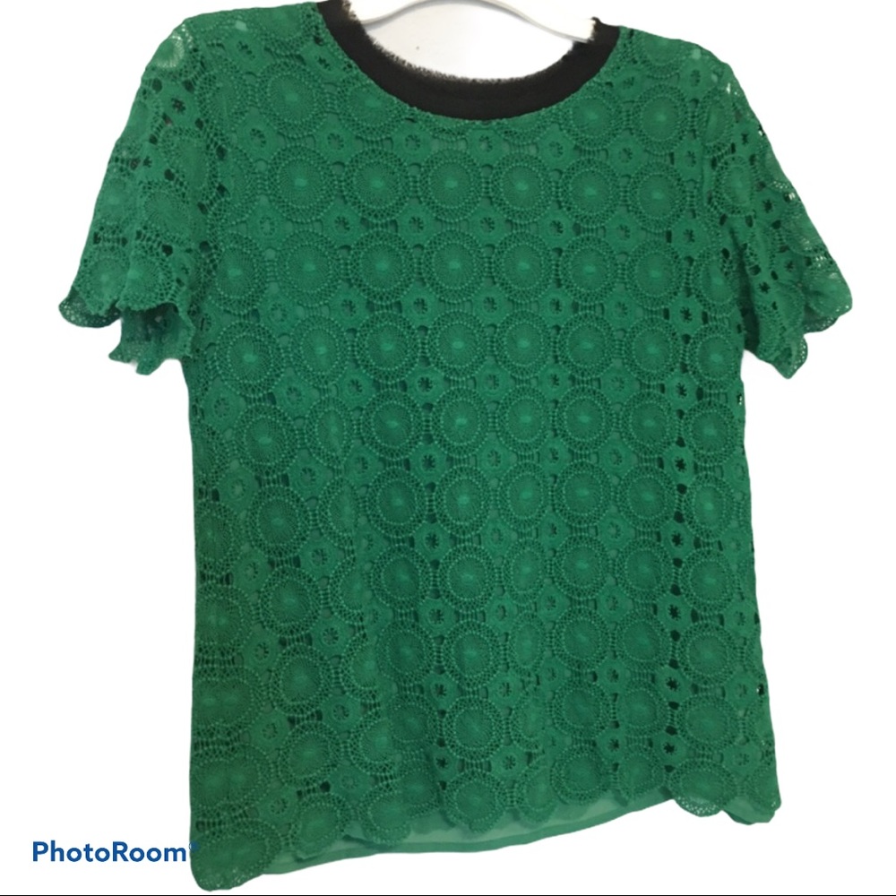 Cute green lace top with black fringy collar